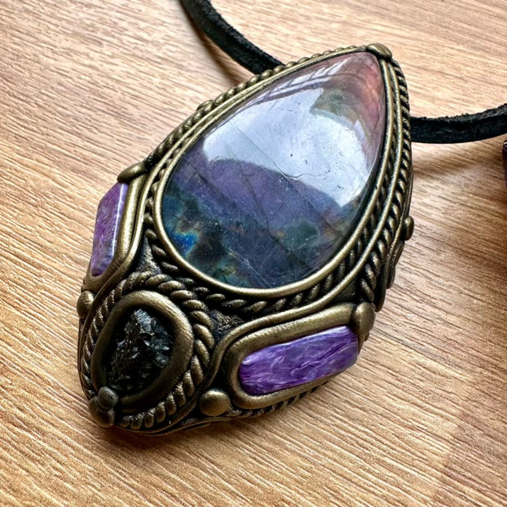 Purple Labradorite Moldavite and Charoite Necklace, One of a kind Handmade Jewlery - FairyGardenGlow