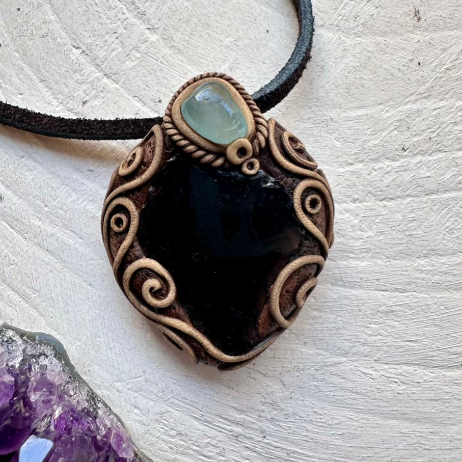 Raw Black Obsidian and Aquamarine Necklace, Healing Crystal Pendant