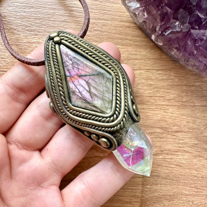 Labradorite and Angel Aura Quartz Pendant Necklace, Unique Handmade Jewelry - FairyGardenGlow