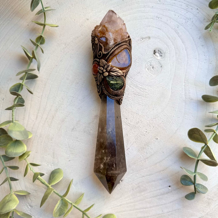 Handmade healing wand featuring smoky quartz and citrine