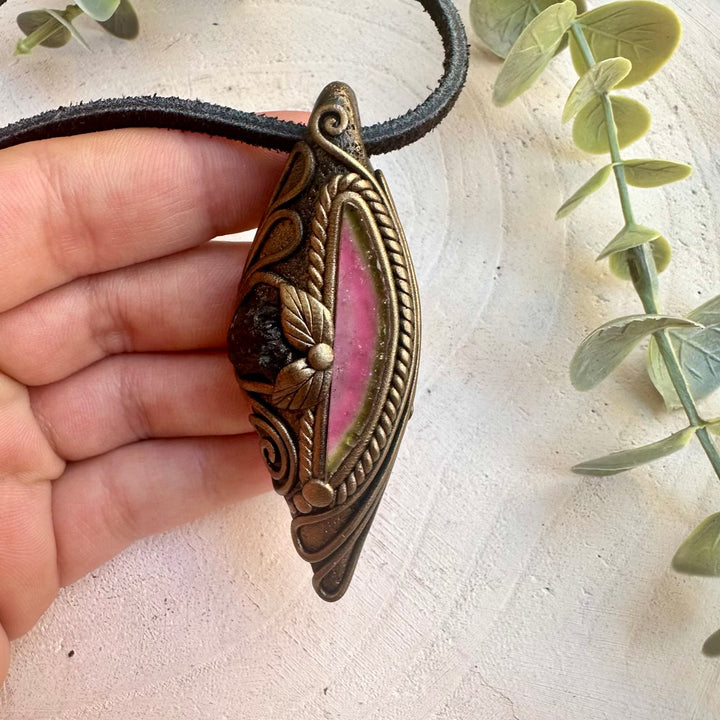 Handmade transformation crystal necklace with moldavite and tourmaline