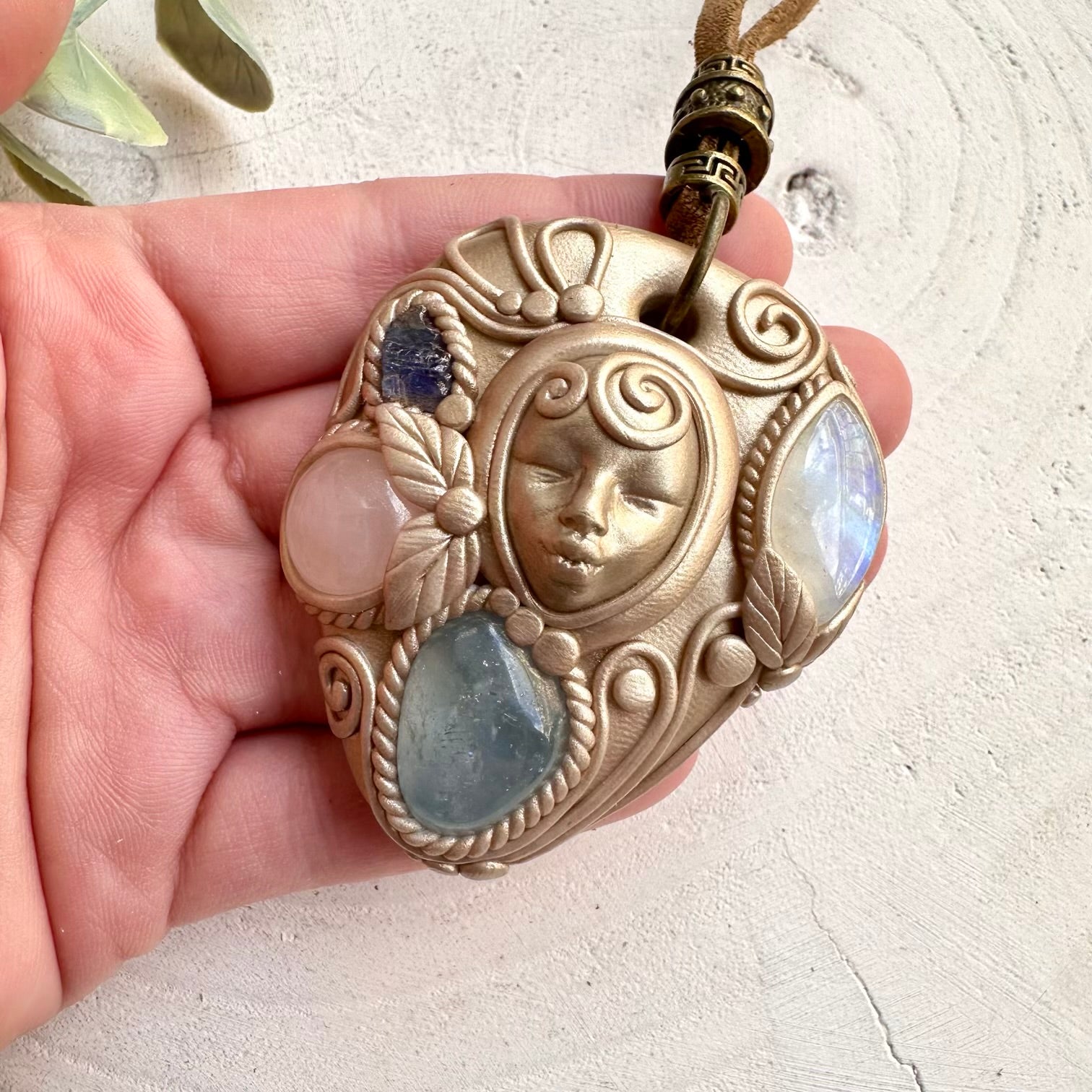 Handmade clay goddess necklace with moonstone and celestite