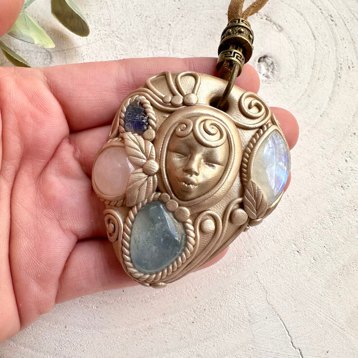 Handmade clay goddess necklace with moonstone and celestite