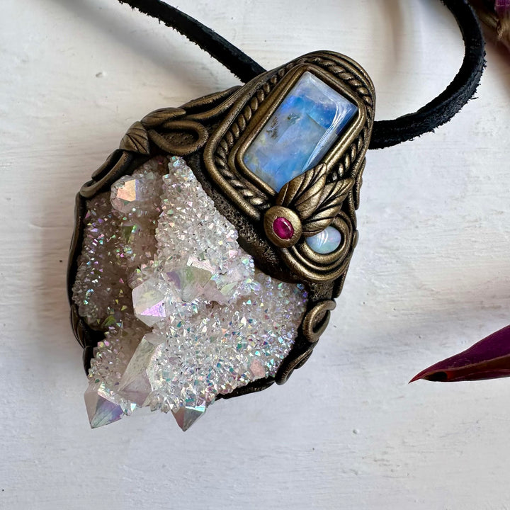 Angel Aura Spirit Quartz Rainbow Moonstone Australian Opal and Ruby Wand / Necklace - FairyGardenGlow