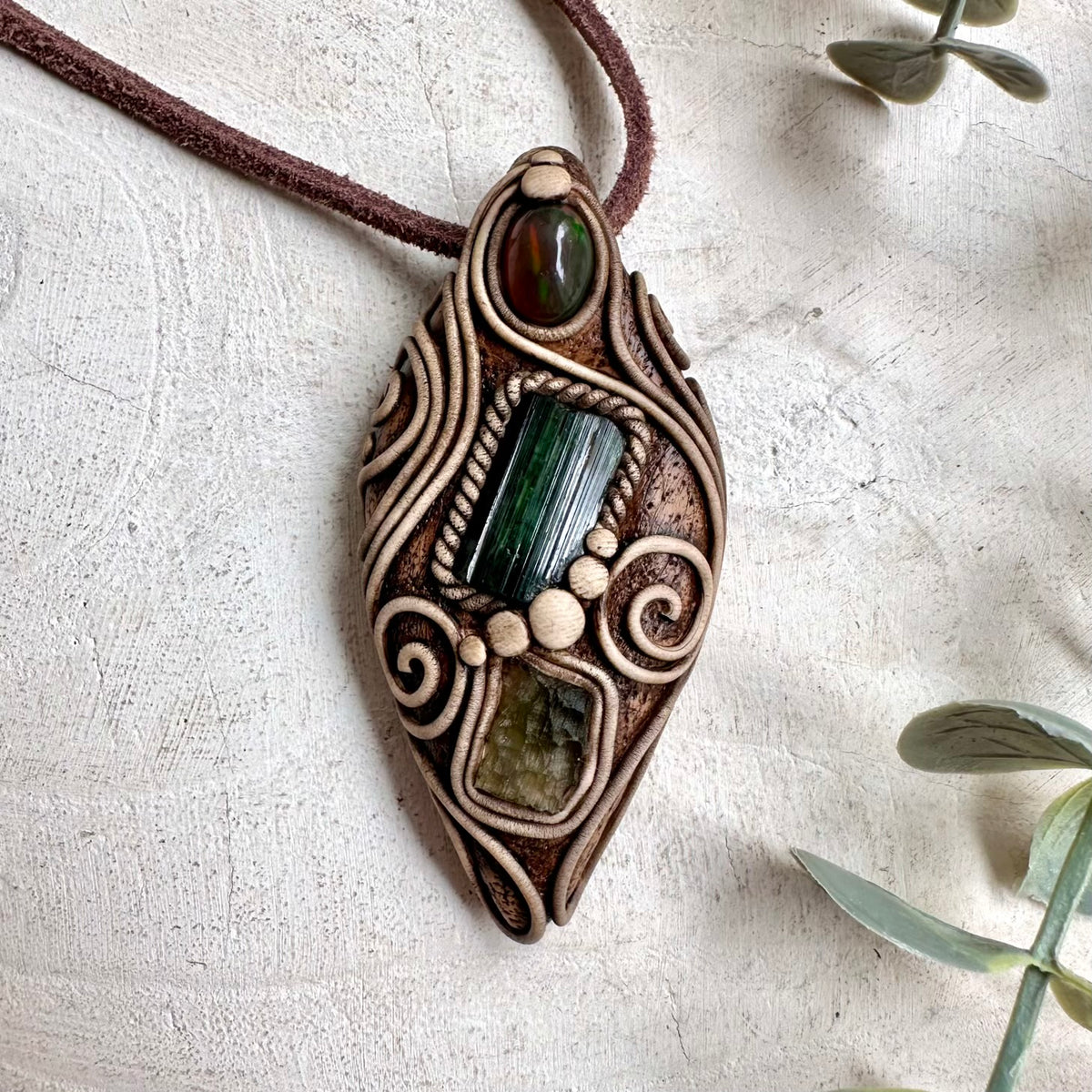 Green Tourmaline with Moldavite and Black Ethiopian Opal Pendant Necklace - Handamde Unisex Protection Amulet