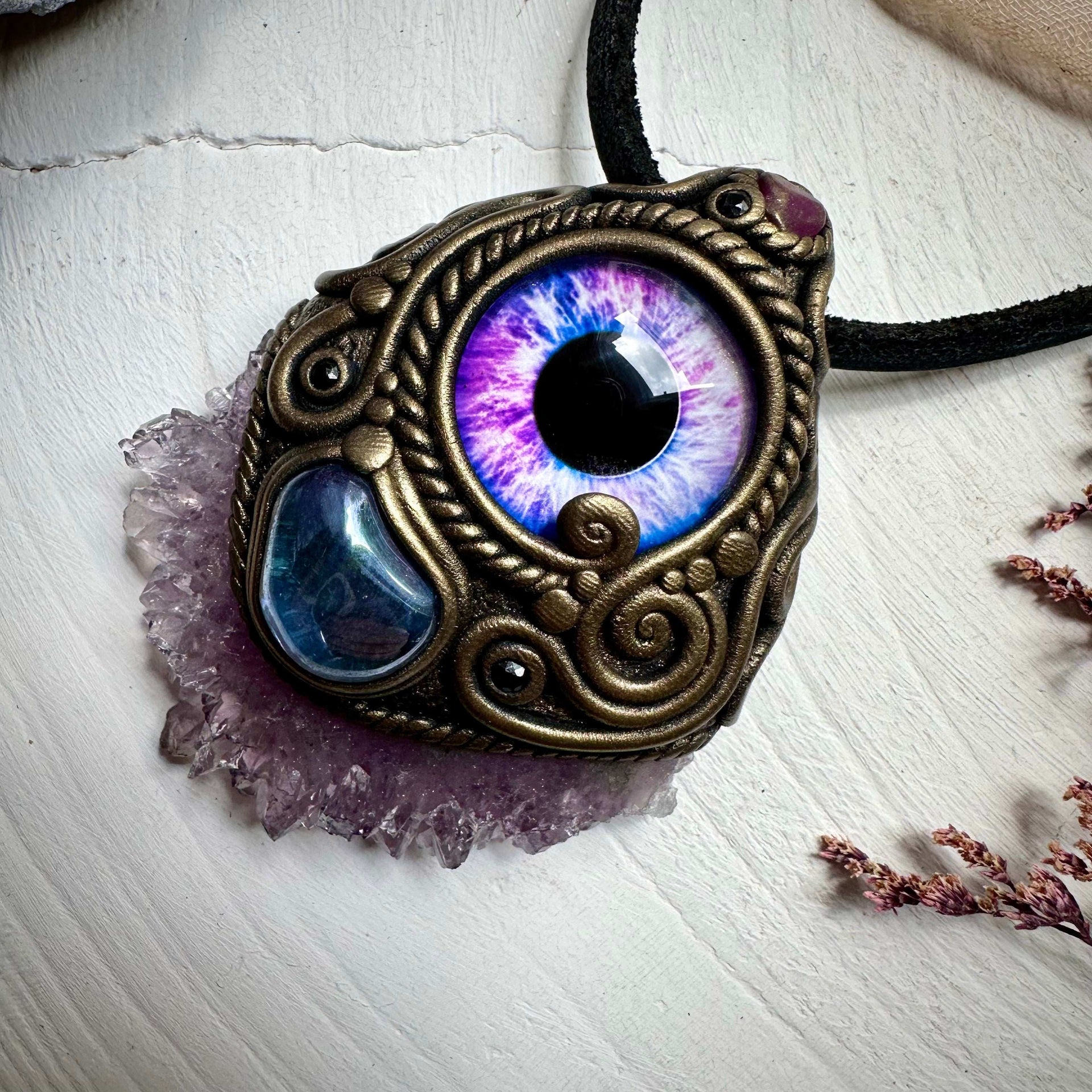 Amethyst Stalactite Aqua Aura Quartz Ruby and Blue Sapphire Eye Necklace - FairyGardenGlow