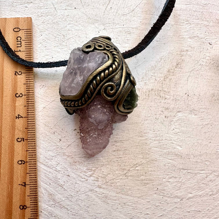Spirit Quartz Raw Rose Quartz and Moldavite Pendant, Raw Crystal Necklace - FairyGardenGlow