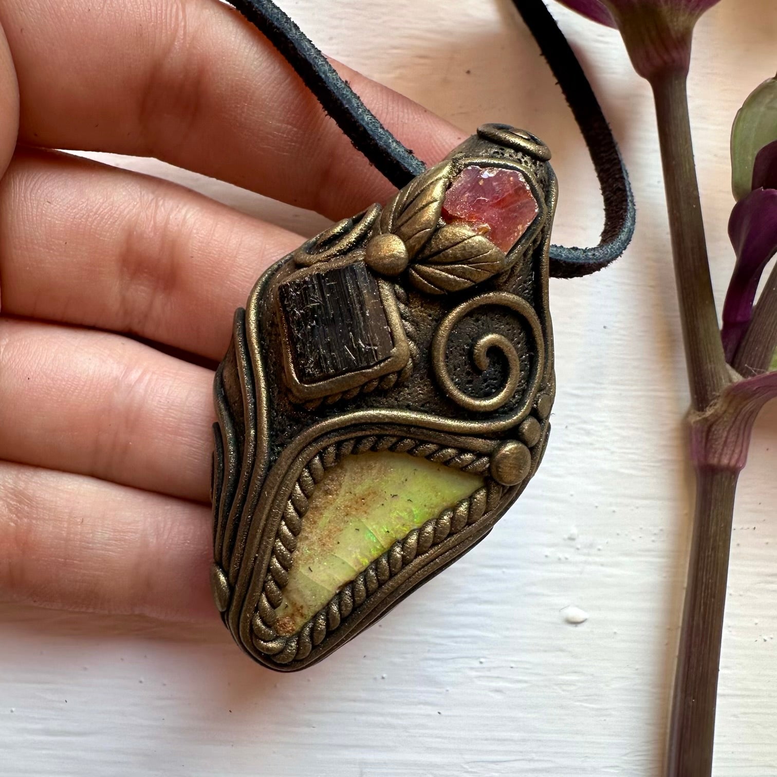 Boulder Opal Black Tourmaline and Vanadinite Pendant Necklace - FairyGardenGlow