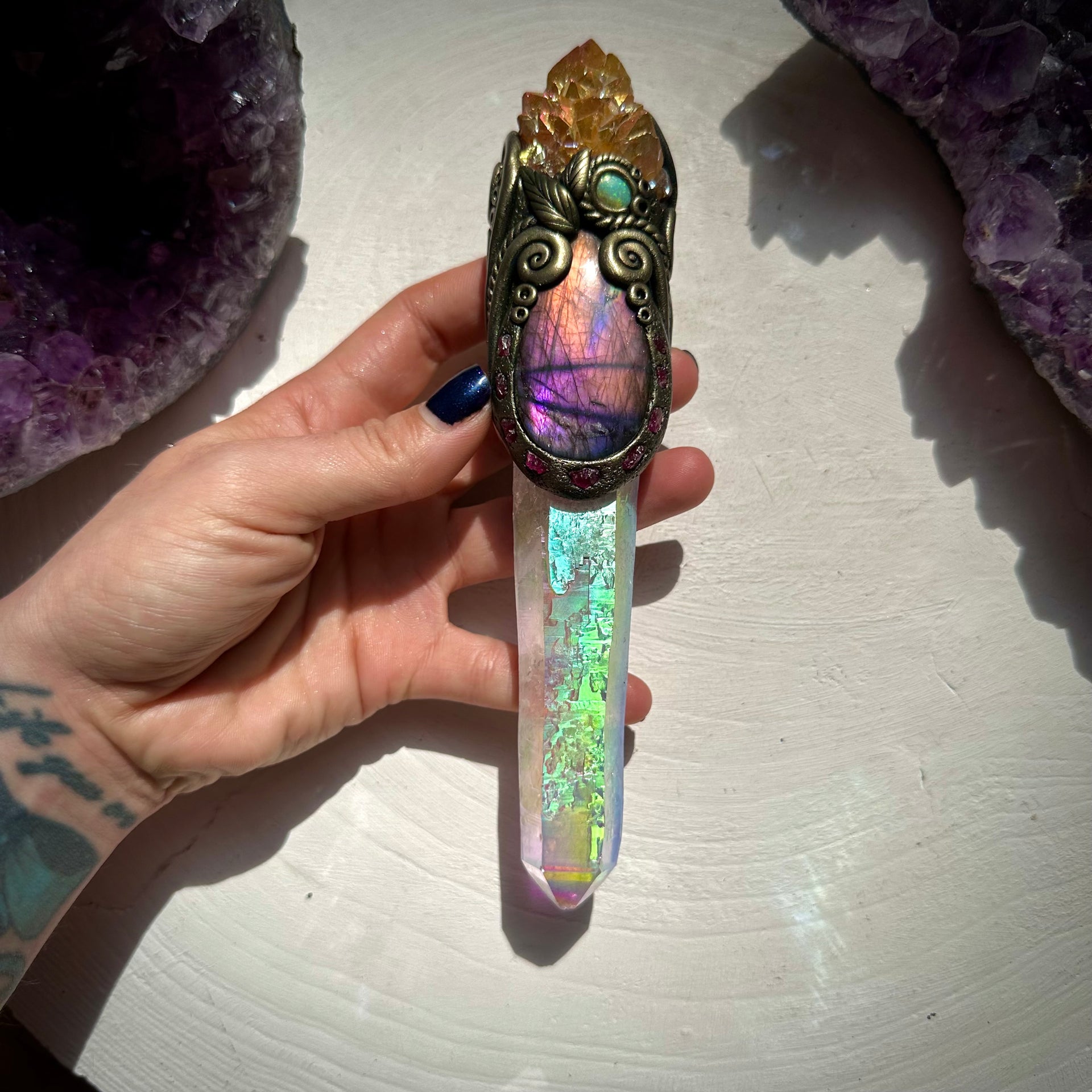 Long Angel Aura Quartz Sunset Aura Spirit Quartz Labradorite Raw Ruby and Australian Opal Wand - FairyGardenGlow