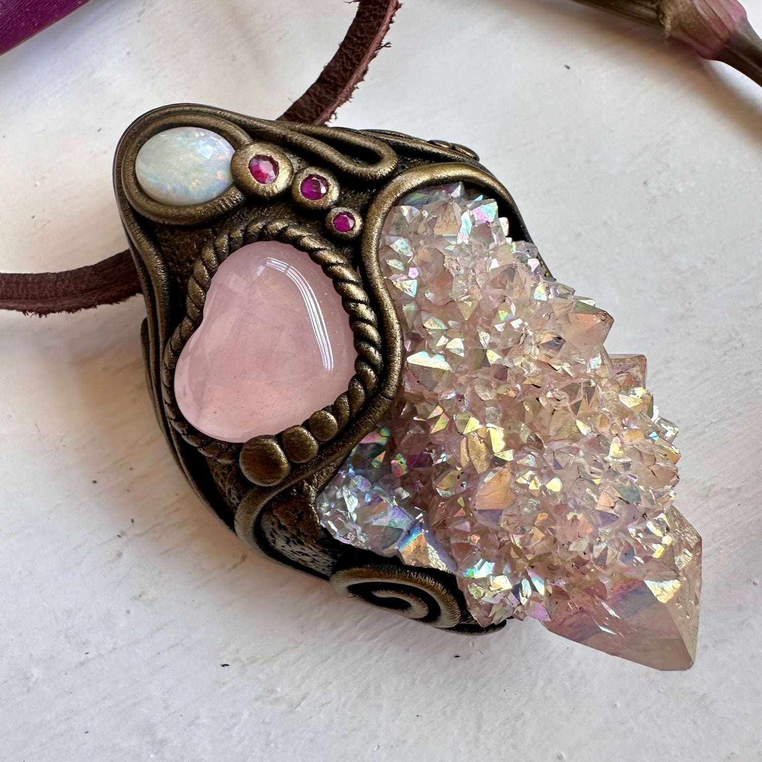 Angel Aura Spirit Quartz Rose Quartz Heart Australian Opal and Ruby Wand / Necklace - FairyGardenGlow
