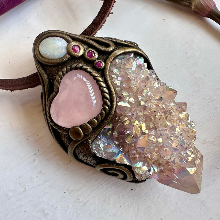 Angel Aura Spirit Quartz Rose Quartz Heart Australian Opal and Ruby Wand / Necklace - FairyGardenGlow