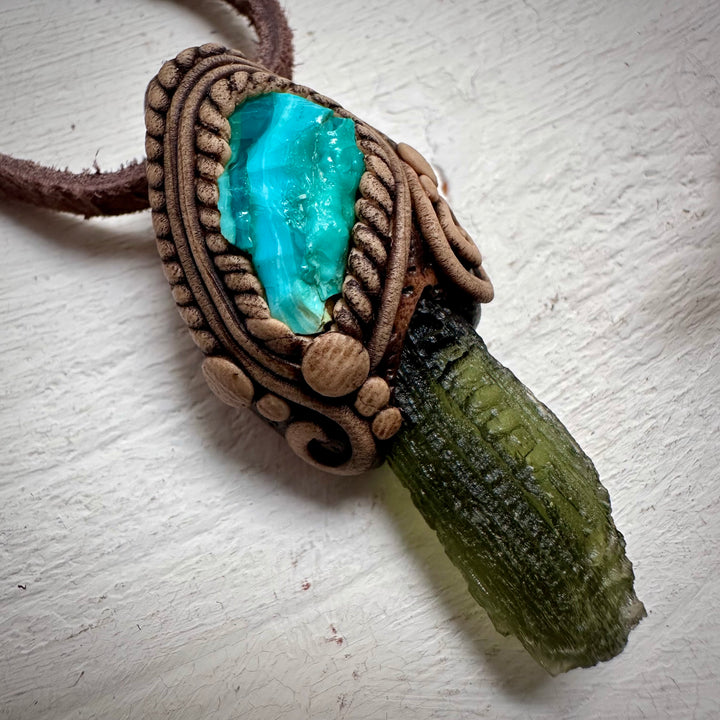 Moldavite and Raw Chrysocolla Necklace - FairyGardenGlow