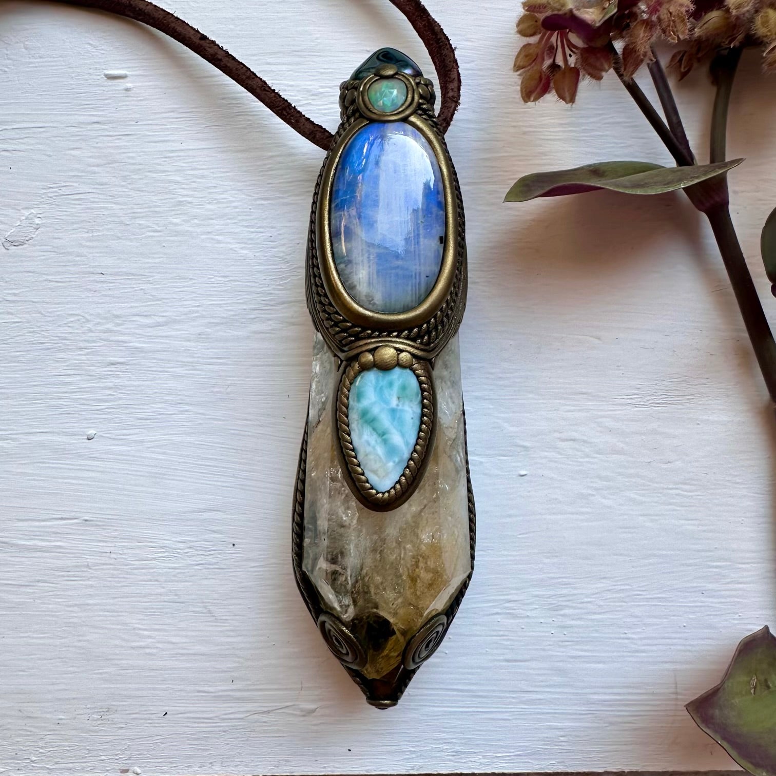 Citrine Moonstone Opal Larimar Aqua Aura Quartz and Blue Sapphire Crystal Wand / Pendant - FairyGardenGlow
