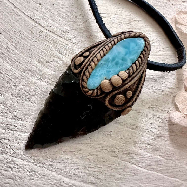 Black Obsidian Arrowhead and Larimar Necklace - FairyGardenGlow