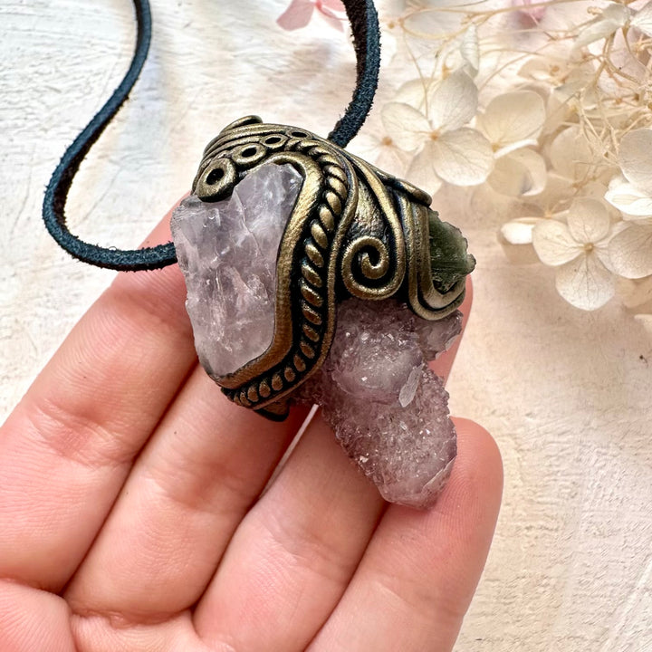 Spirit Quartz Raw Rose Quartz and Moldavite Pendant, Raw Crystal Necklace - FairyGardenGlow