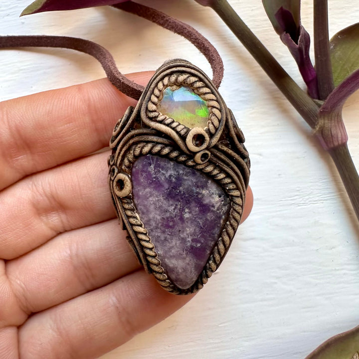 Lepidolite and Raw Opal Necklace - FairyGardenGlow