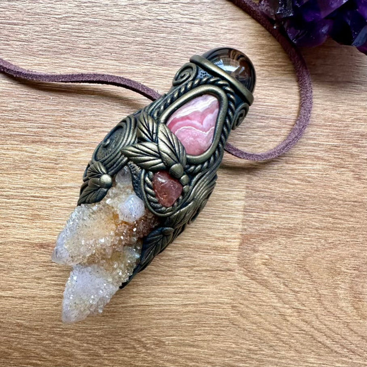 Spirit Quartz Smoky Quartz Rhodochroiste and Sunstone Crystal Talisman / Handmade Gemstone Wand-Pendant - FairyGardenGlow