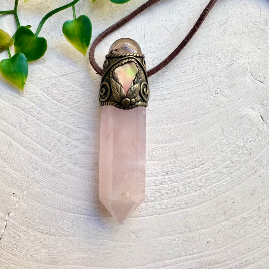 Healing Crystal Wand / Pendant with Rose Quartz, Smoky Quartz Sphere and Raw Welo Opal