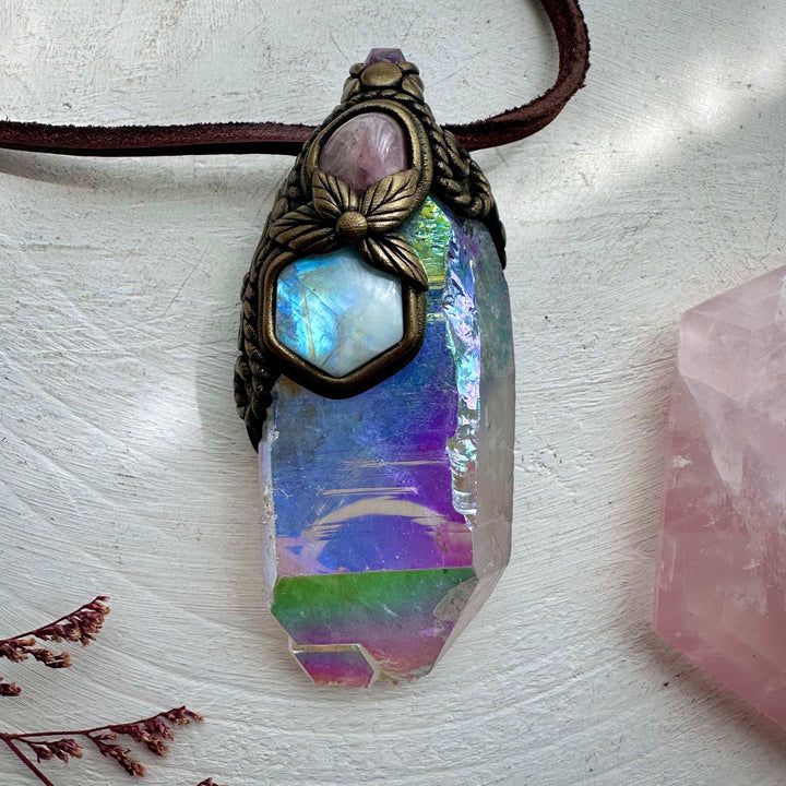 Crystal Wand / Pendant, Angel Aura Quartz Rainbow Moonstone, Rose Quartz, Raw Ruby - FairyGardenGlow