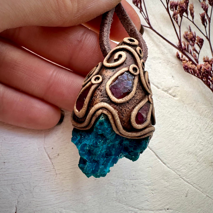 Raw Chrysocolla and Rhdololite Garnet Pendant Necklace - FairyGardenGlow