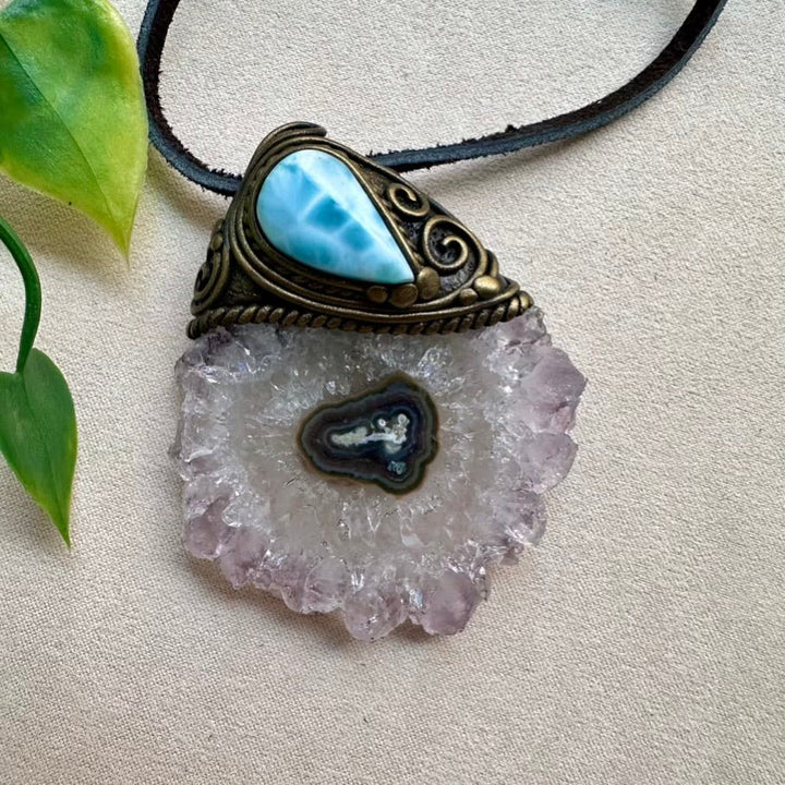 Amethyst Stalactite and Larimar Crystal Necklace - FairyGardenGlow