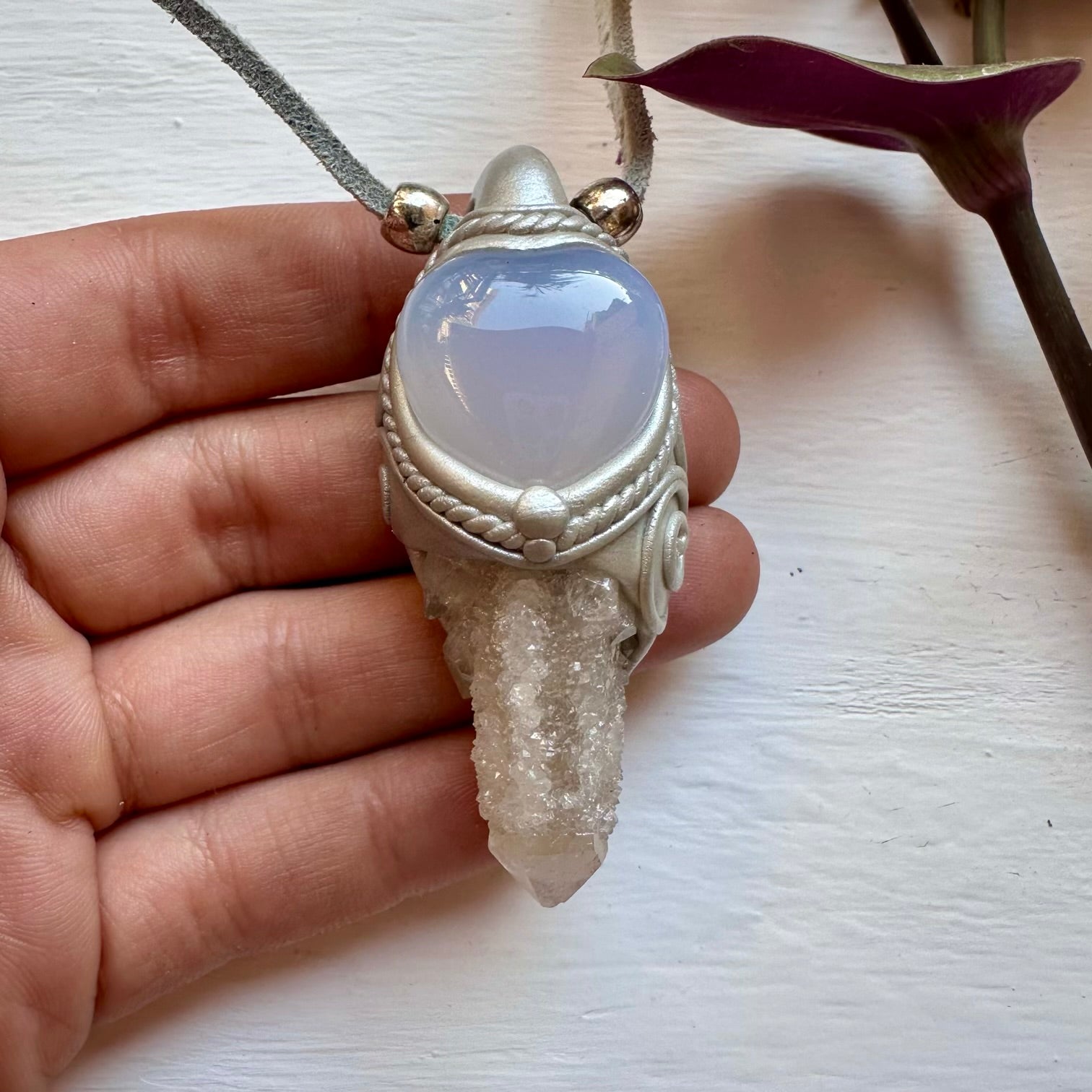 Spirit Quartz and Blue Chalcedony Pendant Necklace - FairyGardenGlow