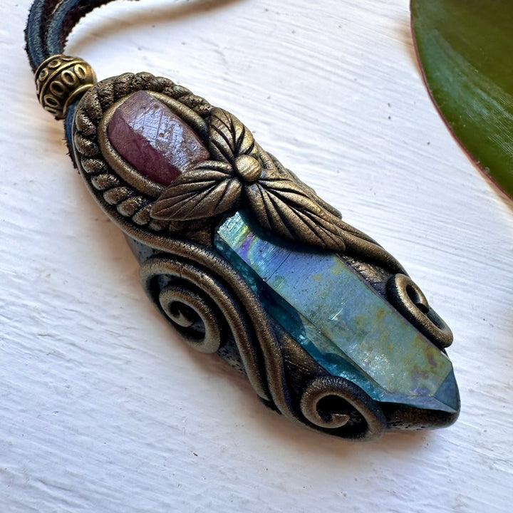 Aqua Aura Quartz and Raw Ruby Necklace - FairyGardenGlow