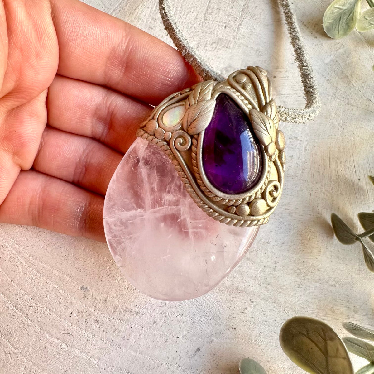 Natural gemstone jewelry handcrafted with Rose Quartz, Amethyst and Ethiopian Opal.