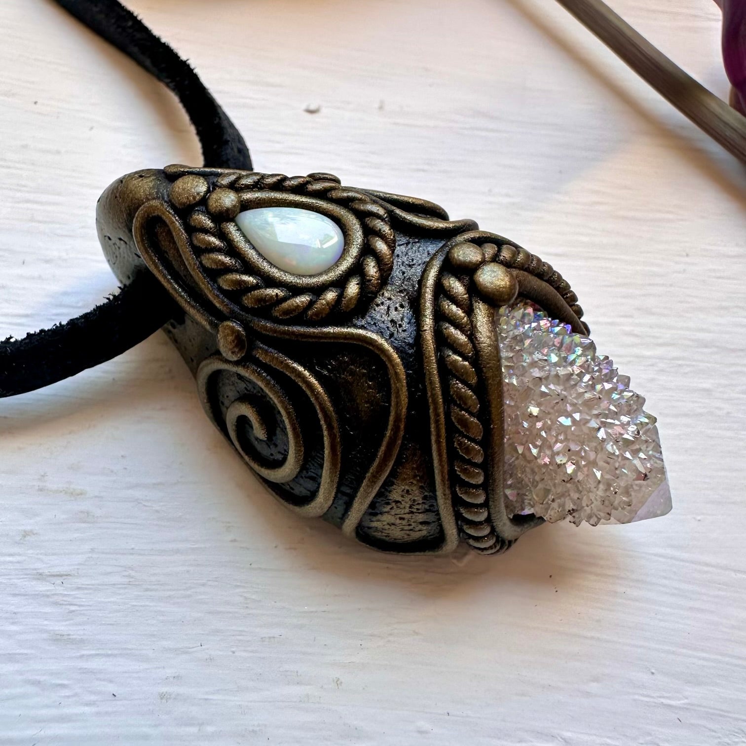 Angel Aura Spirit Quartz and Australian Opal Necklace - FairyGardenGlow