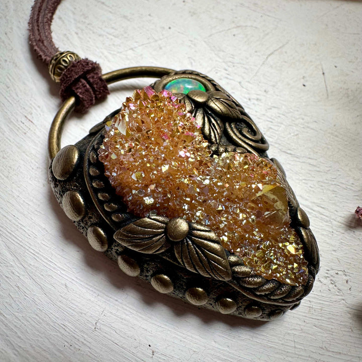 Sunset Aura Spirit Quartz and Ethiopian Opal Necklace - FairyGardenGlow