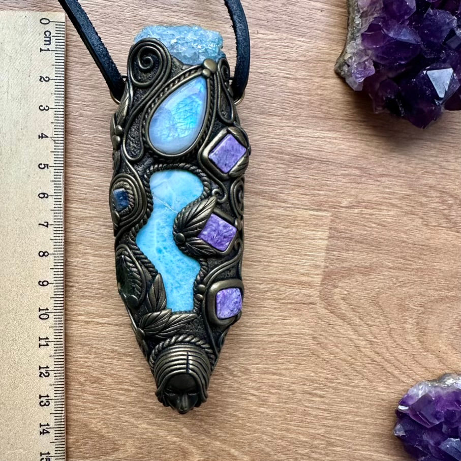 Larimar, Aqua Aura Quartz, Charoite, Rainbow Moonstone, Blue Sapphire and Moldavite Goddess Healing Crystal Talisman / Unique Handmade Wand-Pendant - FairyGardenGlow