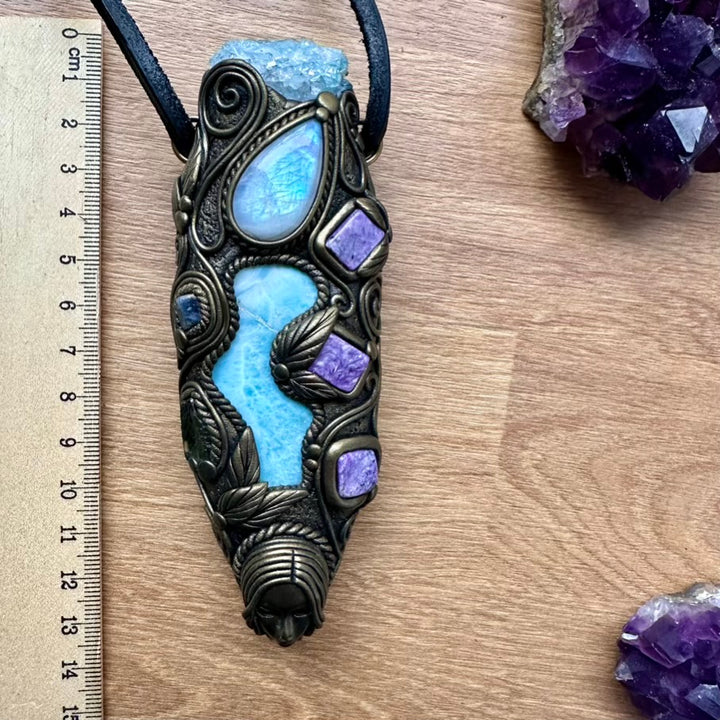 Larimar, Aqua Aura Quartz, Charoite, Rainbow Moonstone, Blue Sapphire and Moldavite Goddess Healing Crystal Talisman / Unique Handmade Wand-Pendant - FairyGardenGlow