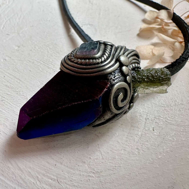 Cobalt Aura Quartz Moldavite and Bi Color Tourmaline Pendant Necklace - FairyGardenGlow