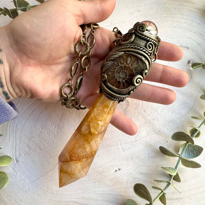 Protection crystal wand with golden healer and hessonite garnet