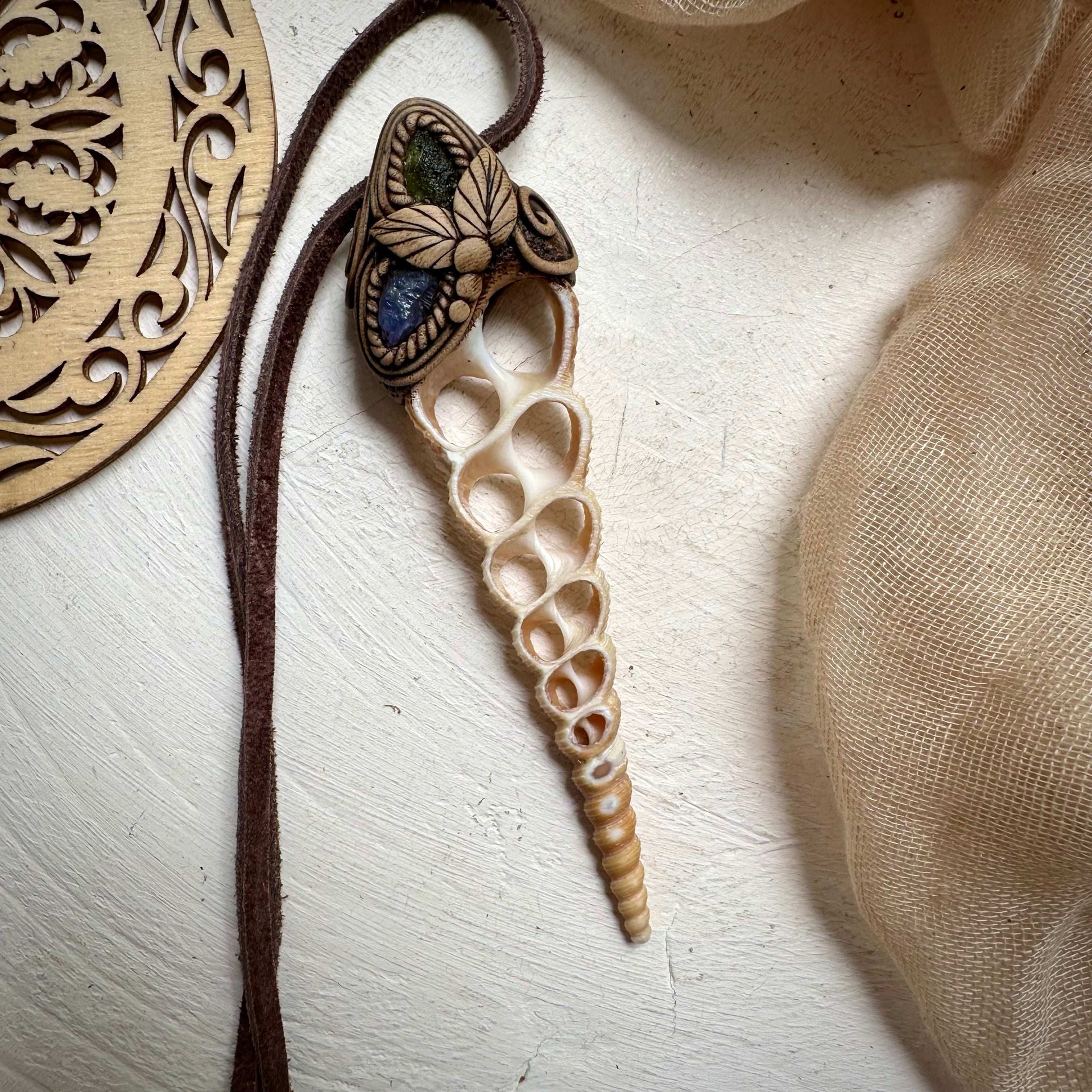 Moldavite and Tanzanite Seashell Necklace - FairyGardenGlow