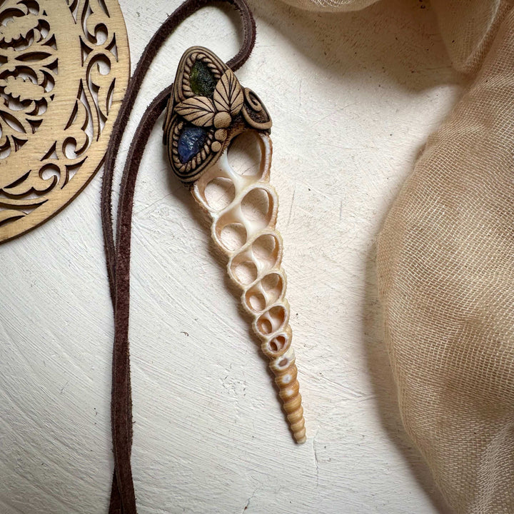 Moldavite and Tanzanite Seashell Necklace - FairyGardenGlow