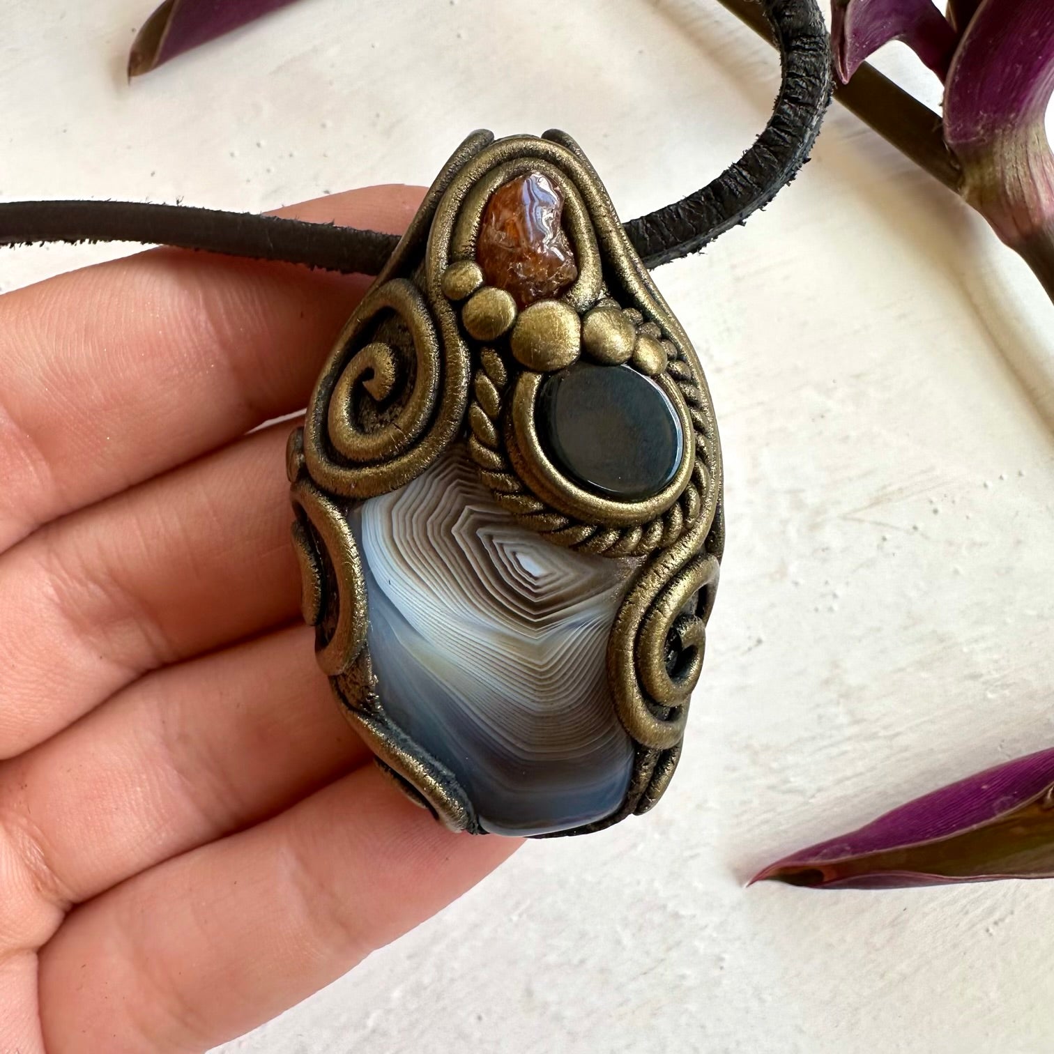 Botswana Agate Black Onyx and Hessonite Garnet Pendant Necklace - FairyGardenGlow