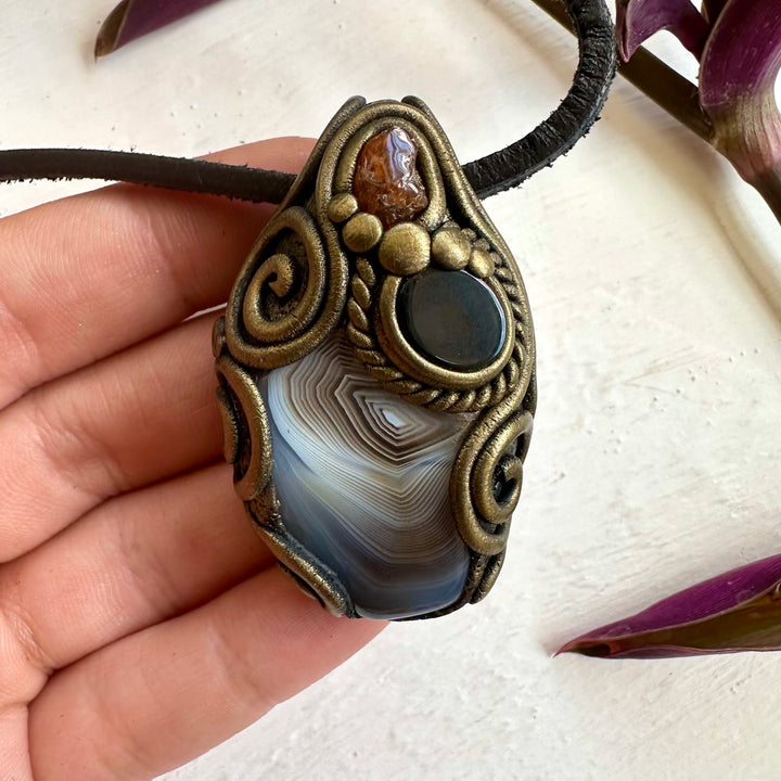 Botswana Agate Black Onyx and Hessonite Garnet Pendant Necklace - FairyGardenGlow