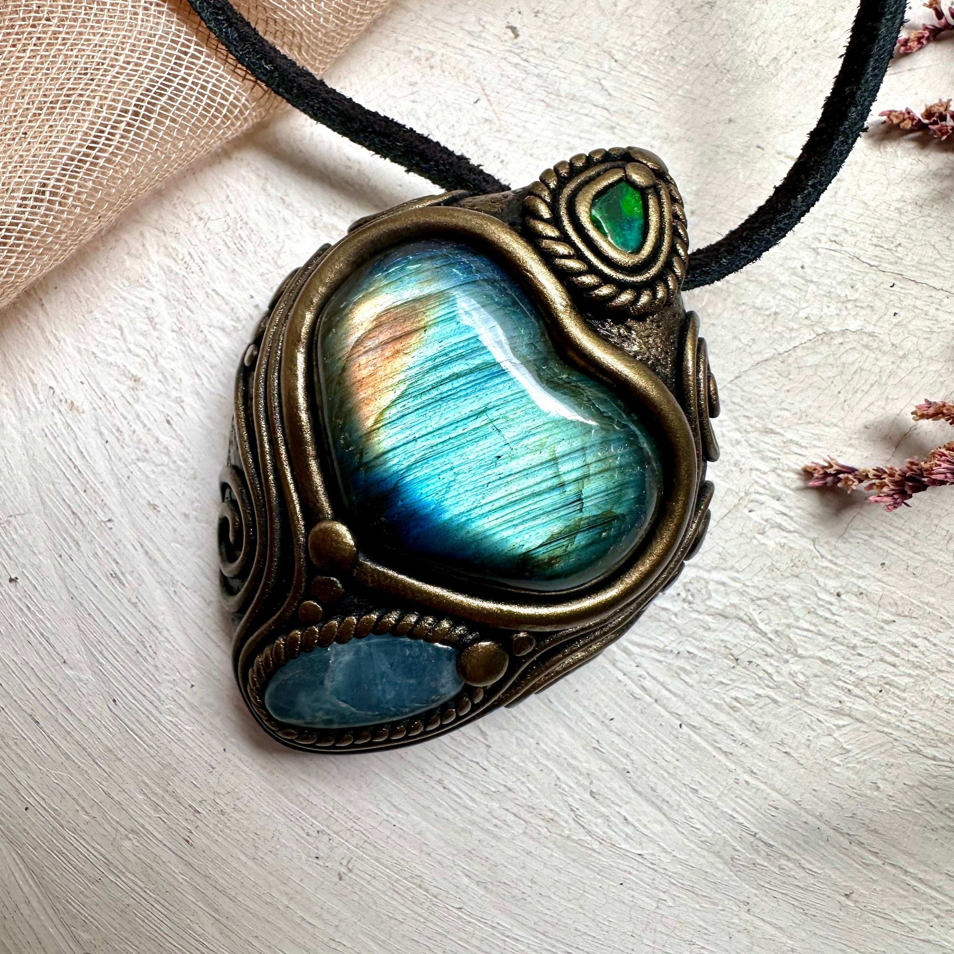 Labradorite Heart Aquamarine and Black Opal Pendant - FairyGardenGlow