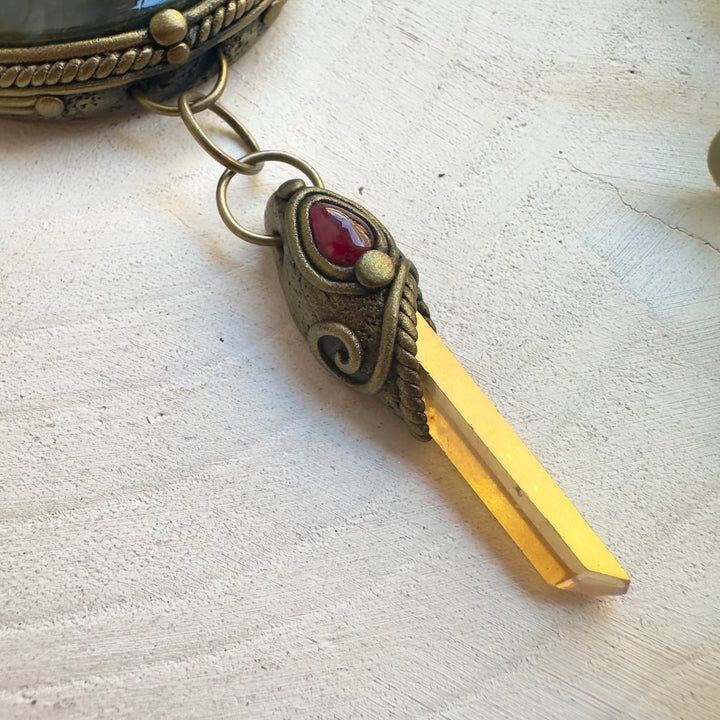 Fairy crystal jewelry with Sunset Aura Quartz Labradorite and Garnet