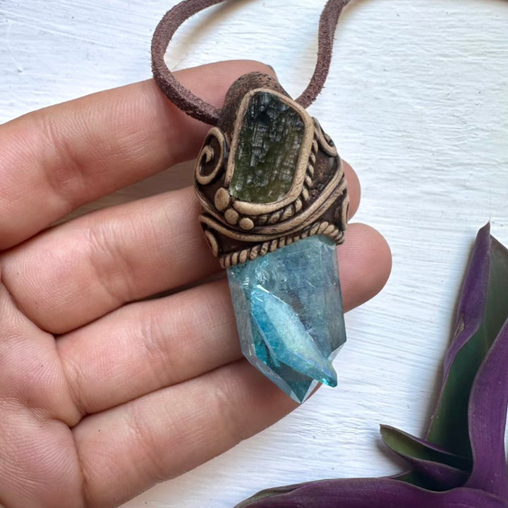 Aqua Aura Quartz and Moldavite Pendant Necklace - FairyGardenGlow