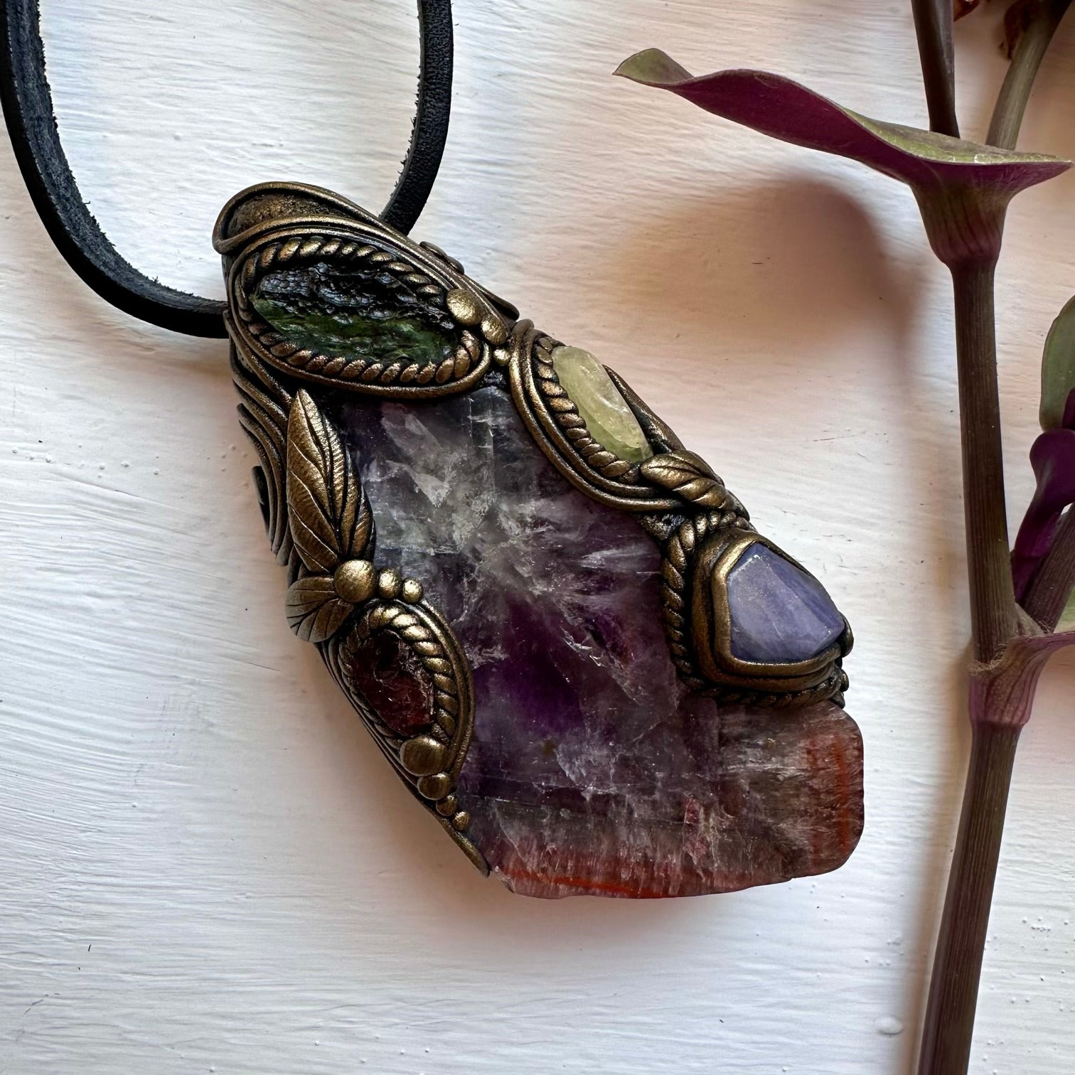 Super Seven Quartz Moldavite Tanzanite Red Garnet and Brazilianite Wand / Pendant - FairyGardenGlow