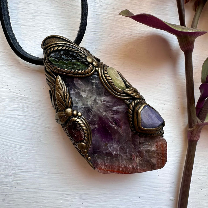 Super Seven Quartz Moldavite Tanzanite Red Garnet and Brazilianite Wand / Pendant - FairyGardenGlow