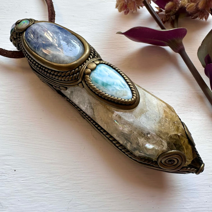 Citrine Moonstone Opal Larimar Aqua Aura Quartz and Blue Sapphire Crystal Wand / Pendant - FairyGardenGlow