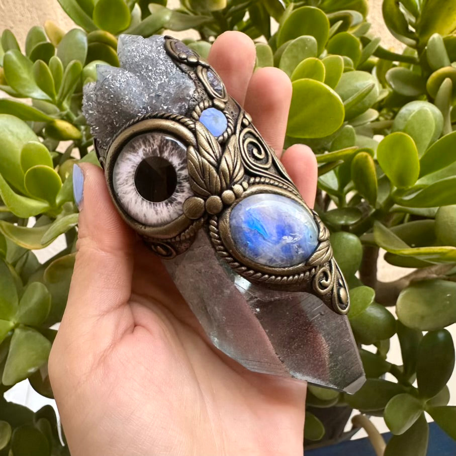 Aqua Aura Quartz Rainbow Moonstone Aqua Aura Spirit Quartz Australian Opal and Tanzanite Third Eye Healing Crystal Wand - FairyGardenGlow