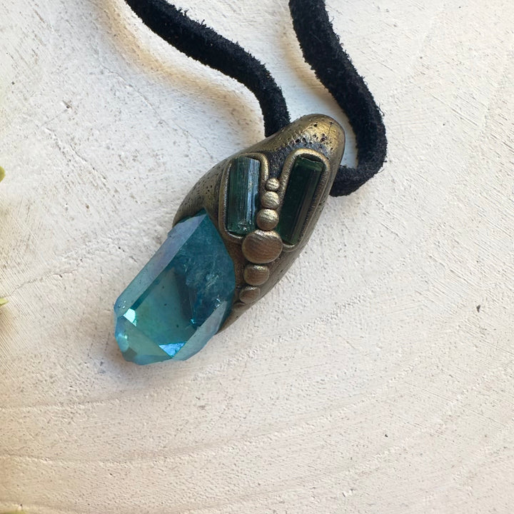 Handmade spiritual jewelry with Aqua Aura Quartz and Tourmaline