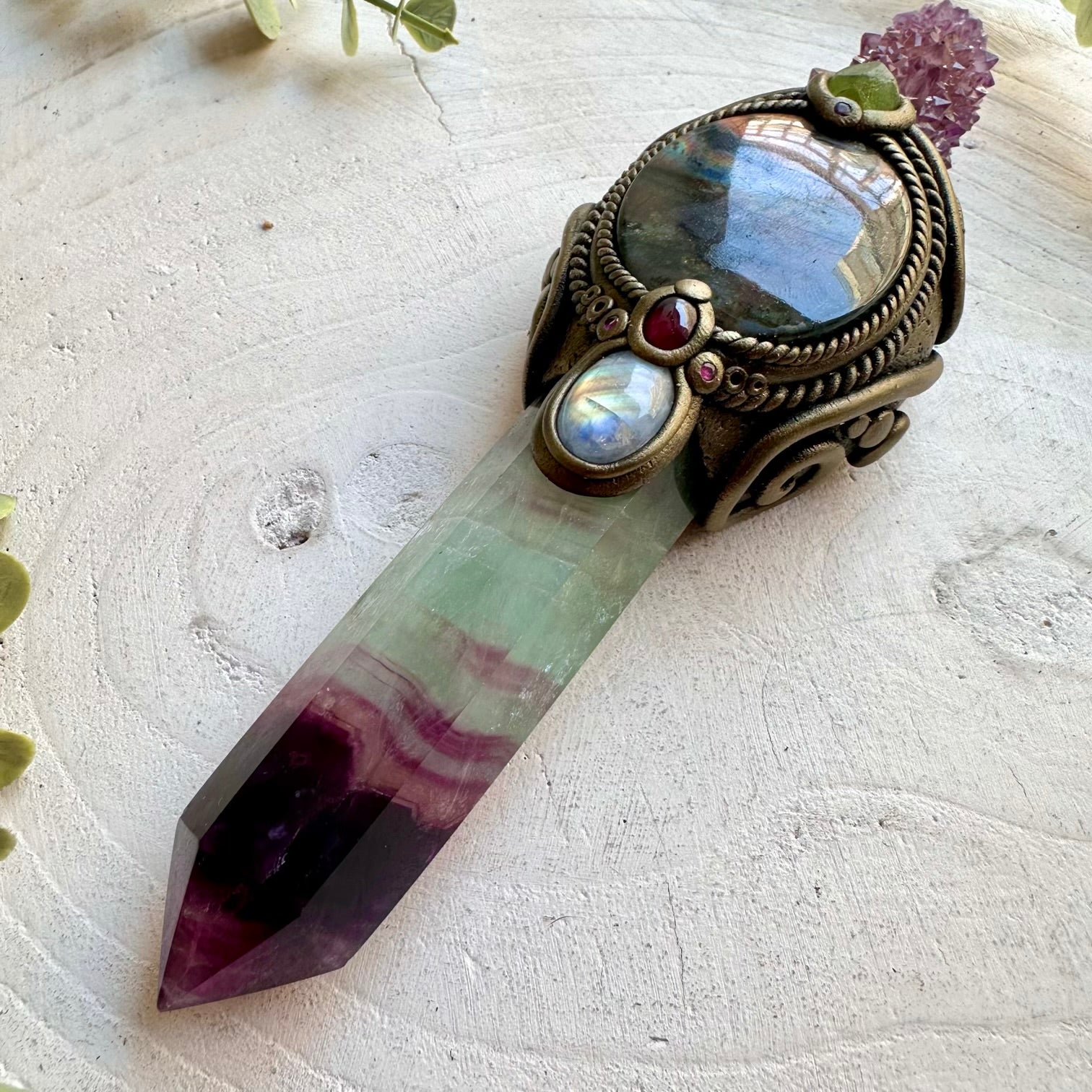 Crystal healing wand crafted with Rainbow Fluorite and Deep Purple Spirit Quartz in a unique artisan design.