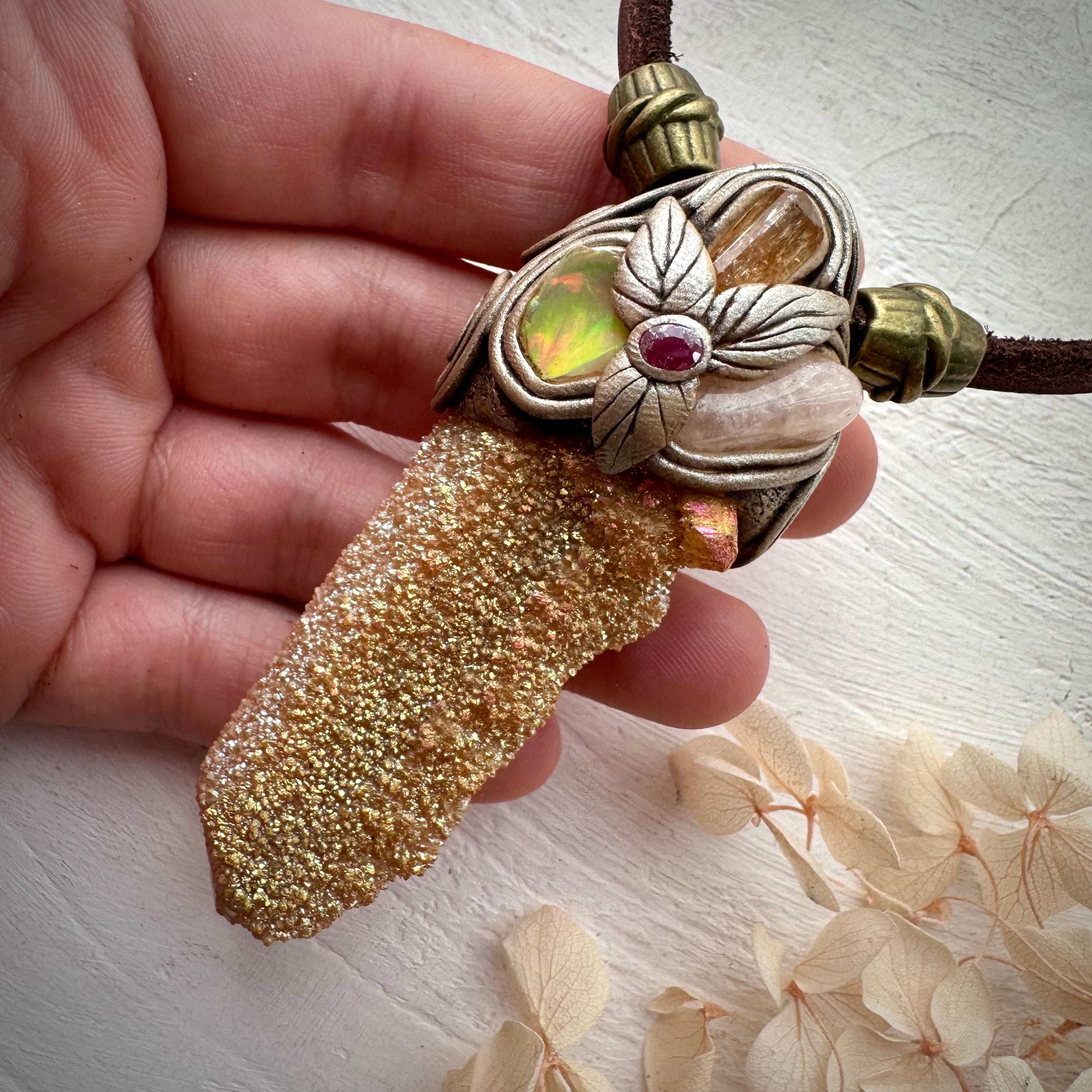 Sunset Aura Spirit Quartz Morganite Imperial Topaz Ethiopian Opal and Ruby Pendant Necklace - FairyGardenGlow