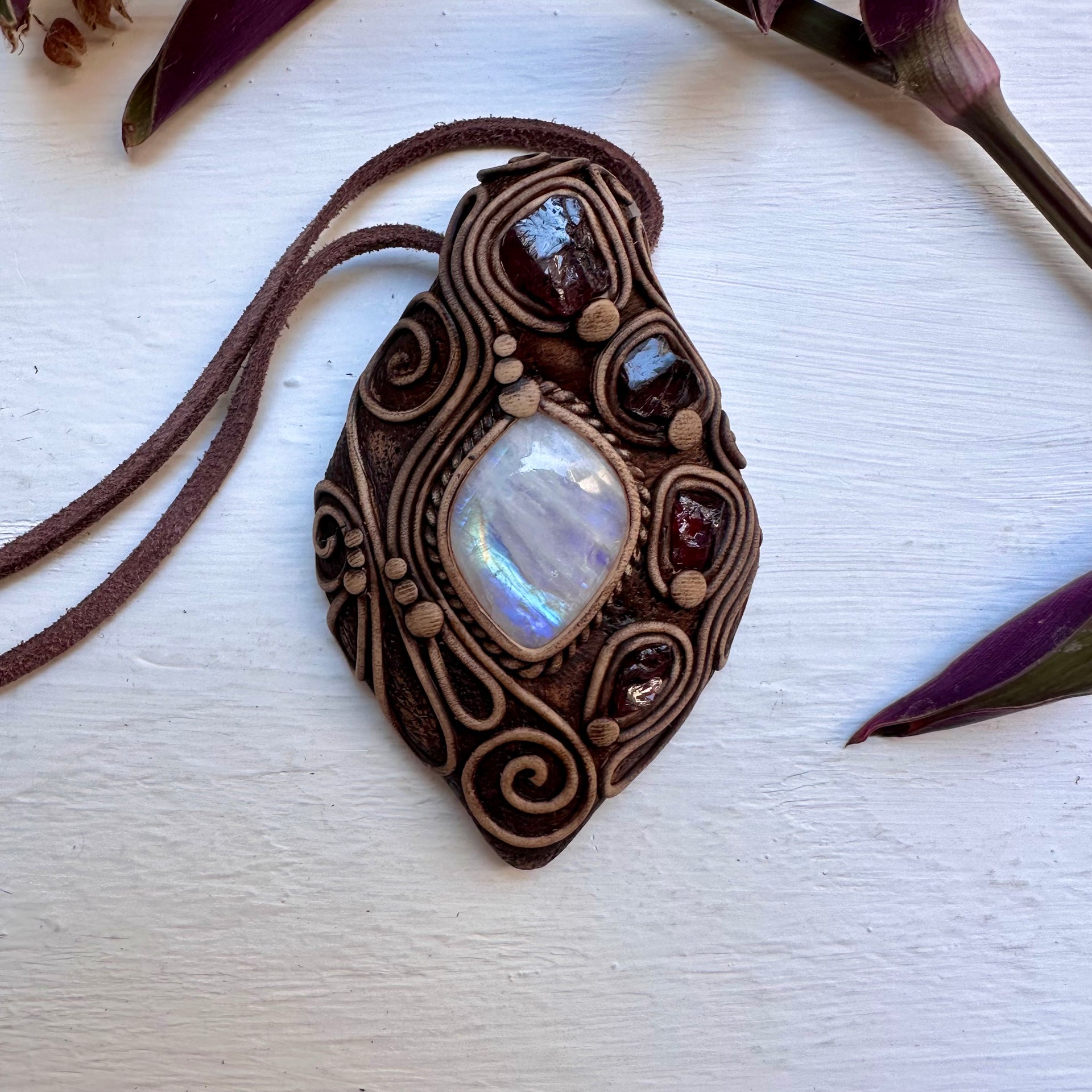 Rainbow Moonstone and Red Garnet Necklace - FairyGardenGlow