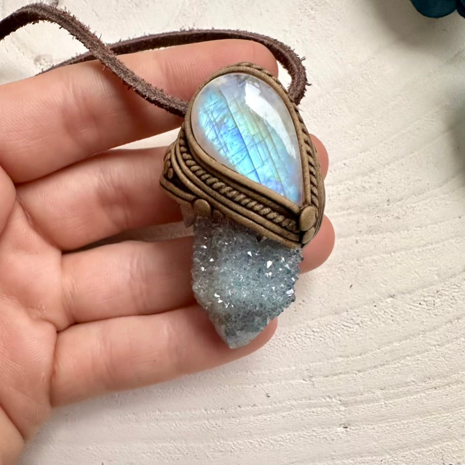 Aqua Aura Quartz and Rainbow Moonstone Pendant Necklace